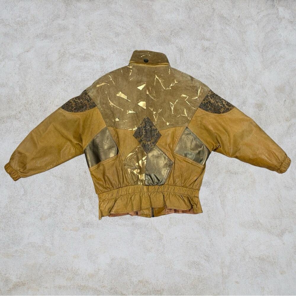 Vintage 80’s John Weitz Brown Cooper Gold Black Leather Bomber Jacket Large - Picture 3 of 13